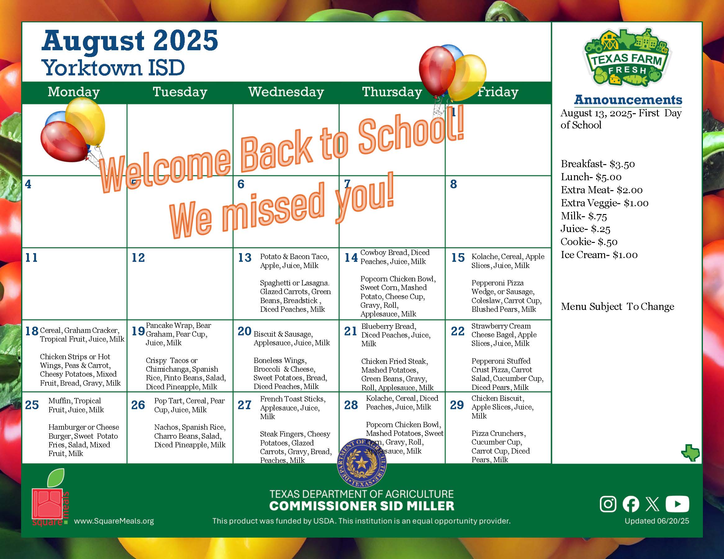 August Lunch Menu